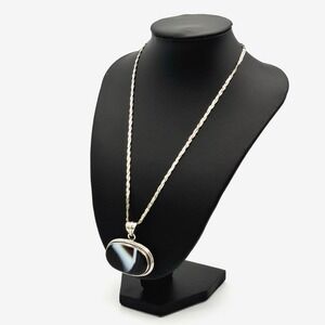 Vintage Sterling Silver Banded Agate Pendant Necklace‎ 925 Italy Chain Large